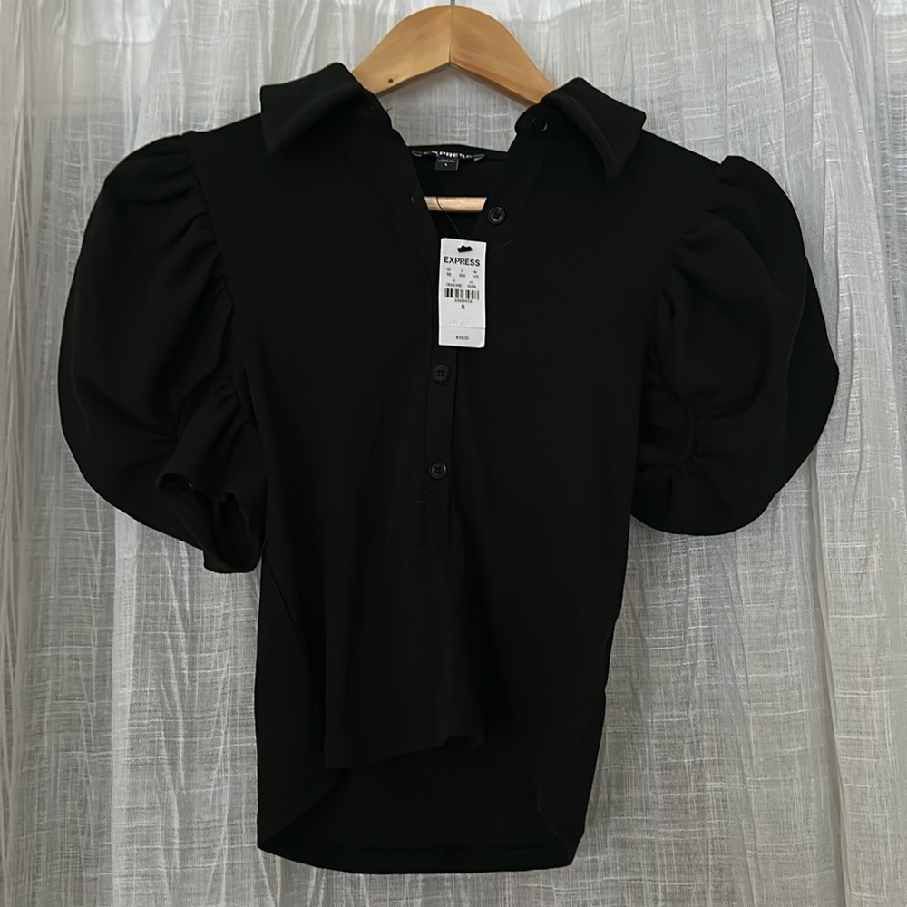 Express Women’s Puff sleeve collared top black size S NWT